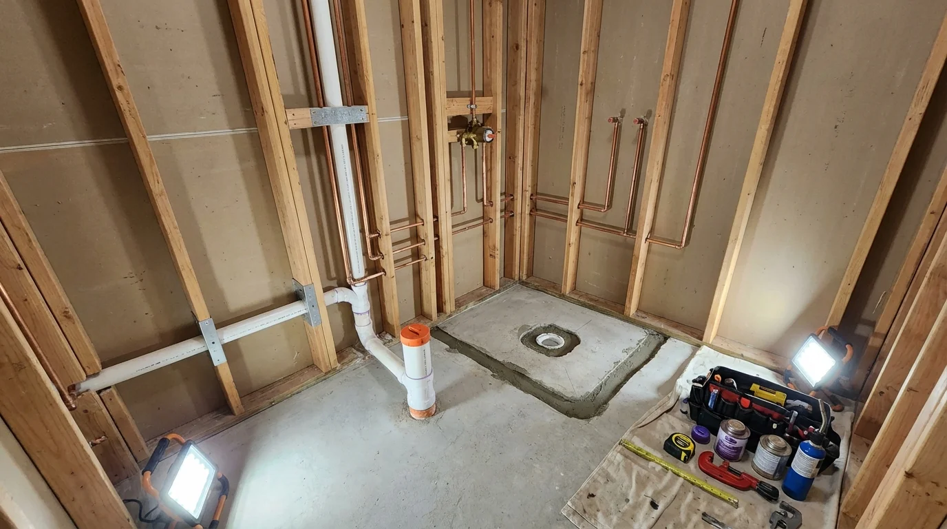 Bathroom rough-in plumbing during remodel by Johns Plumbing LLC in Midland City