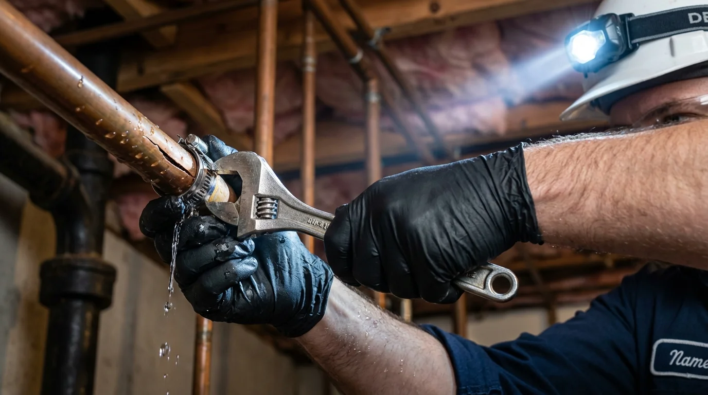 Emergency pipe clamp repair being performed by a Johns Plumbing LLC plumber in Midland City