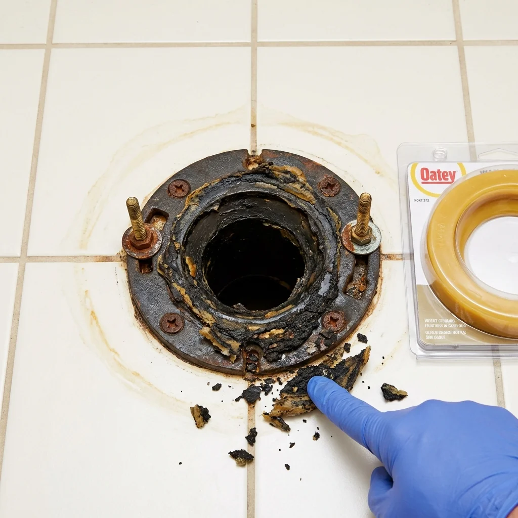 Failed wax ring showing water seepage at the base of a toilet in a Midland City, AL home